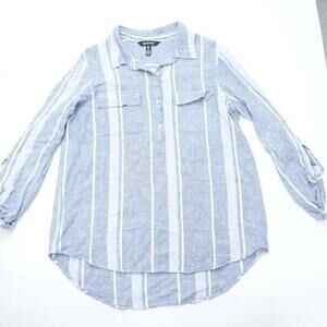 Ellen Tracy Popover Shirt Women's Large Blue White Striped Linen Roll Tab Sleeve